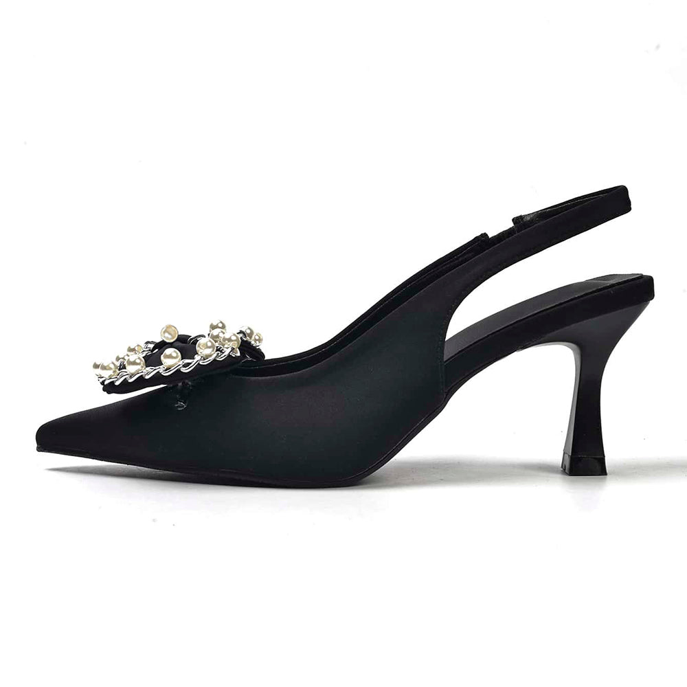 Elegant Satin Flared Heel Pointed Toe Pearl Bow Slingback Black Pumps