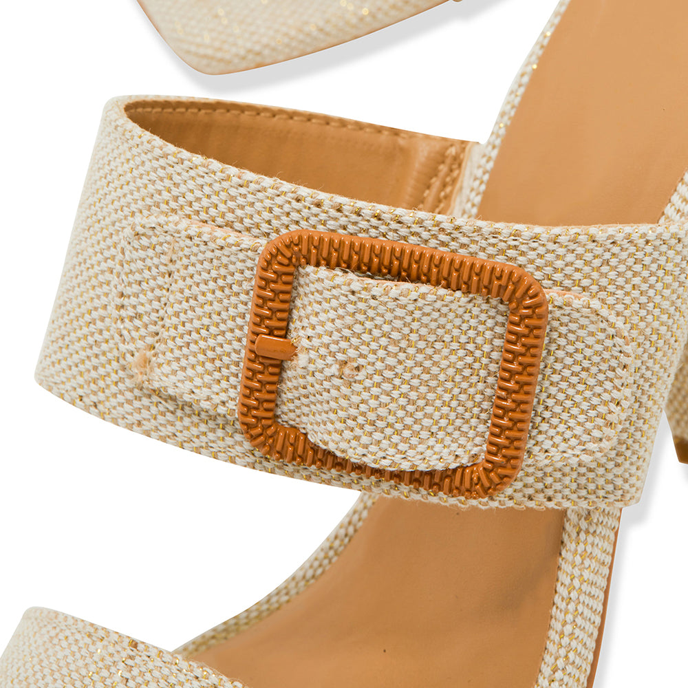 Beige Square Toe 3'' Block Heel Wide Band Mules with Buckle