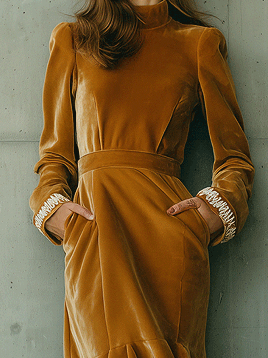 Elegant Vintage Gold Velvet Floral Embroidered Midi Dress