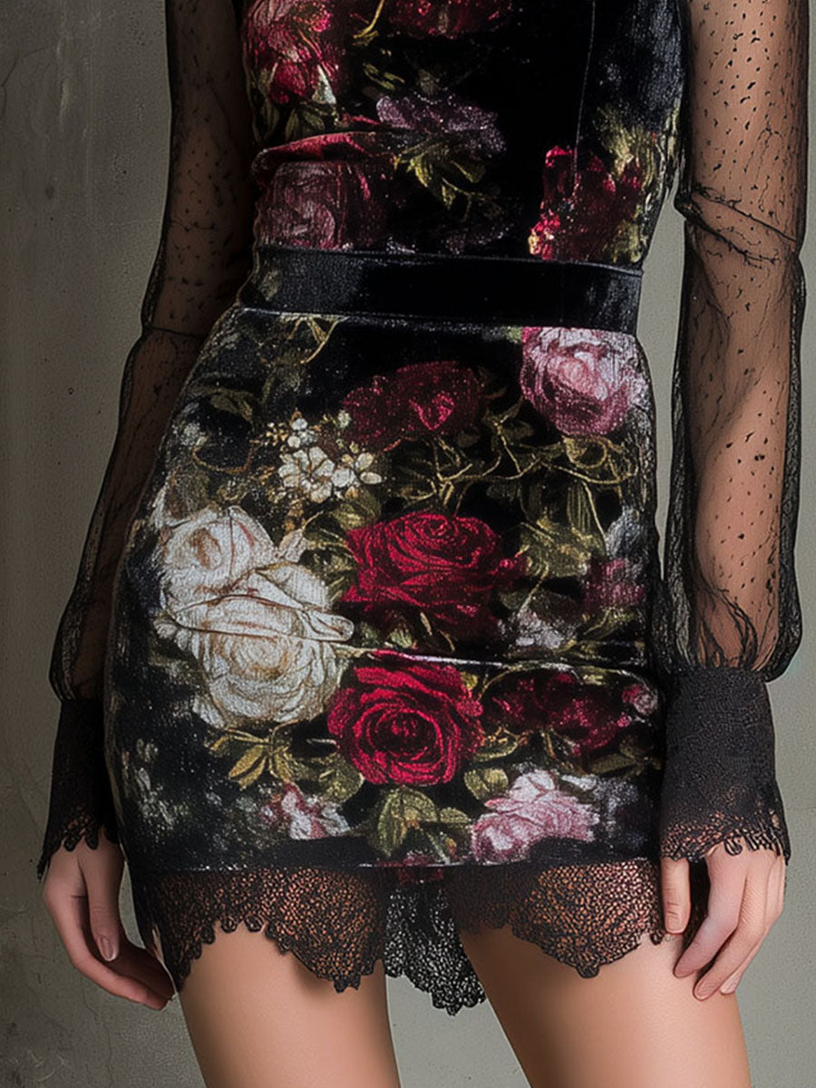 Elegant Sheer Long Sleeves Velvet Floral Mini Dress