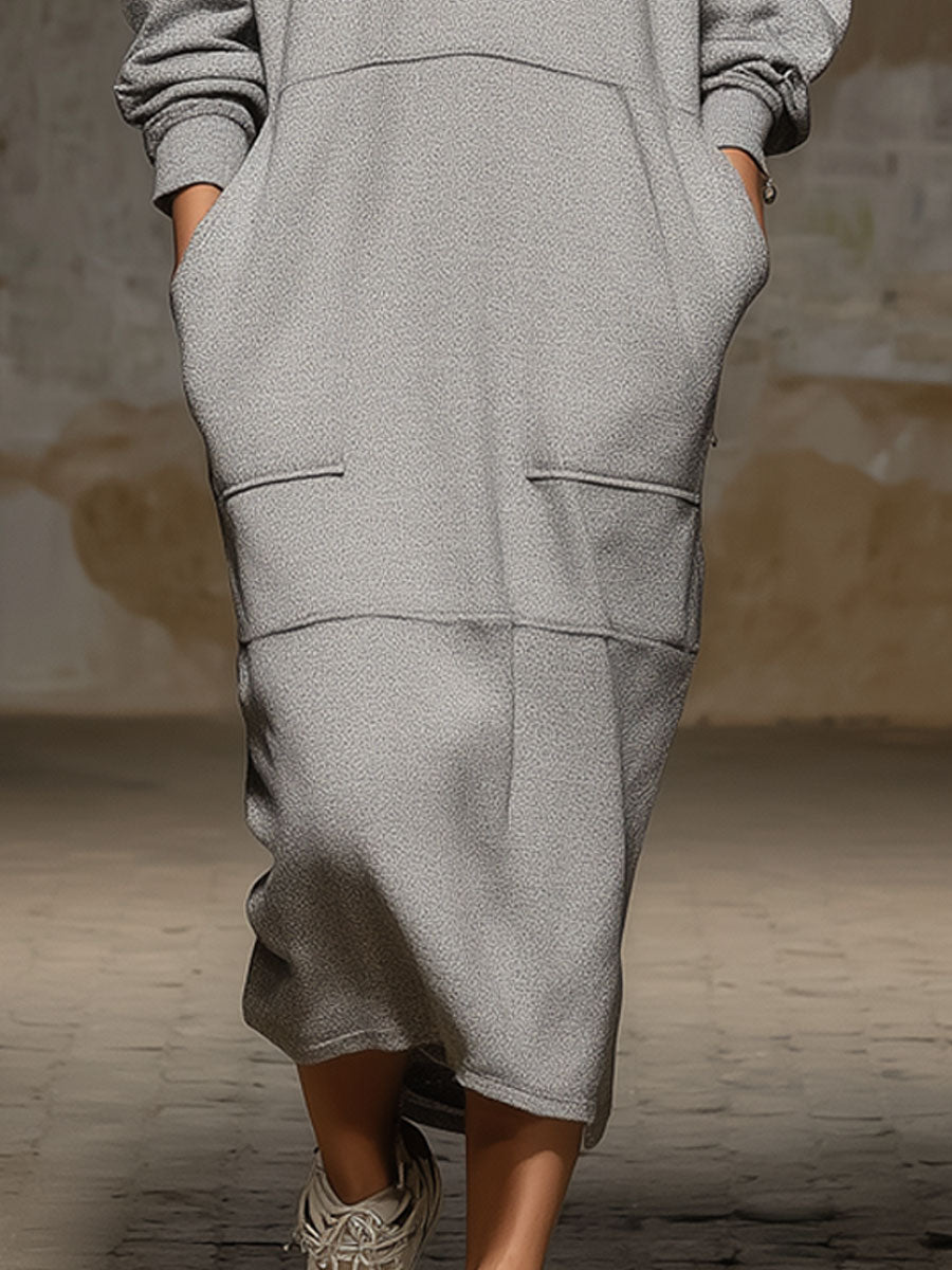 Fashion Loose Retro Gray Flannel Sports Midi Dress