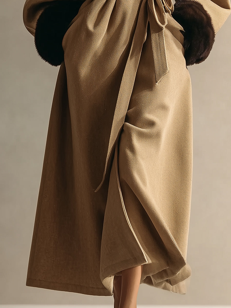 Elegant Wrap Coat With Faux Fur Collar And Cuffs