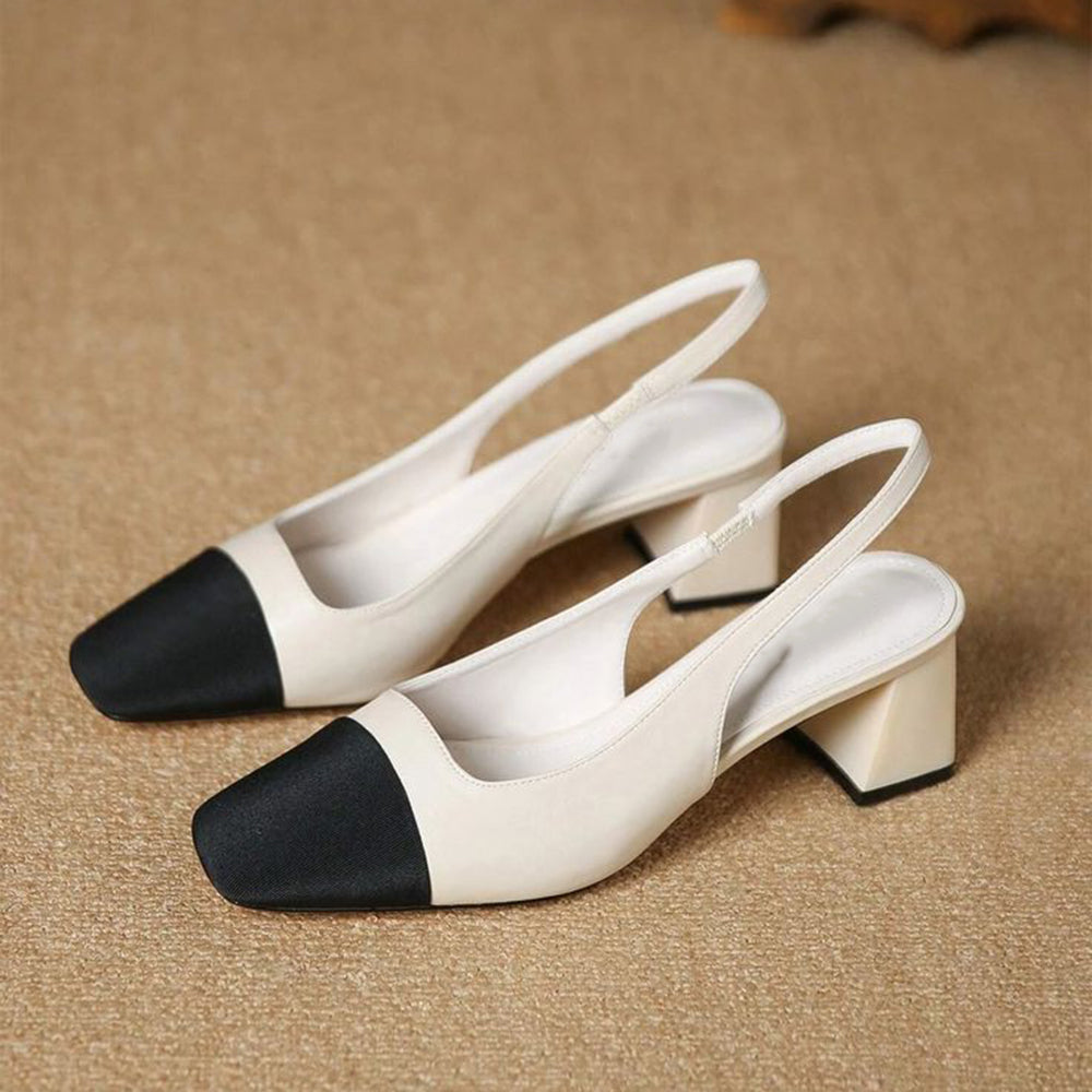 Beige & Black Square Toe Block Heel Slingback Pumps