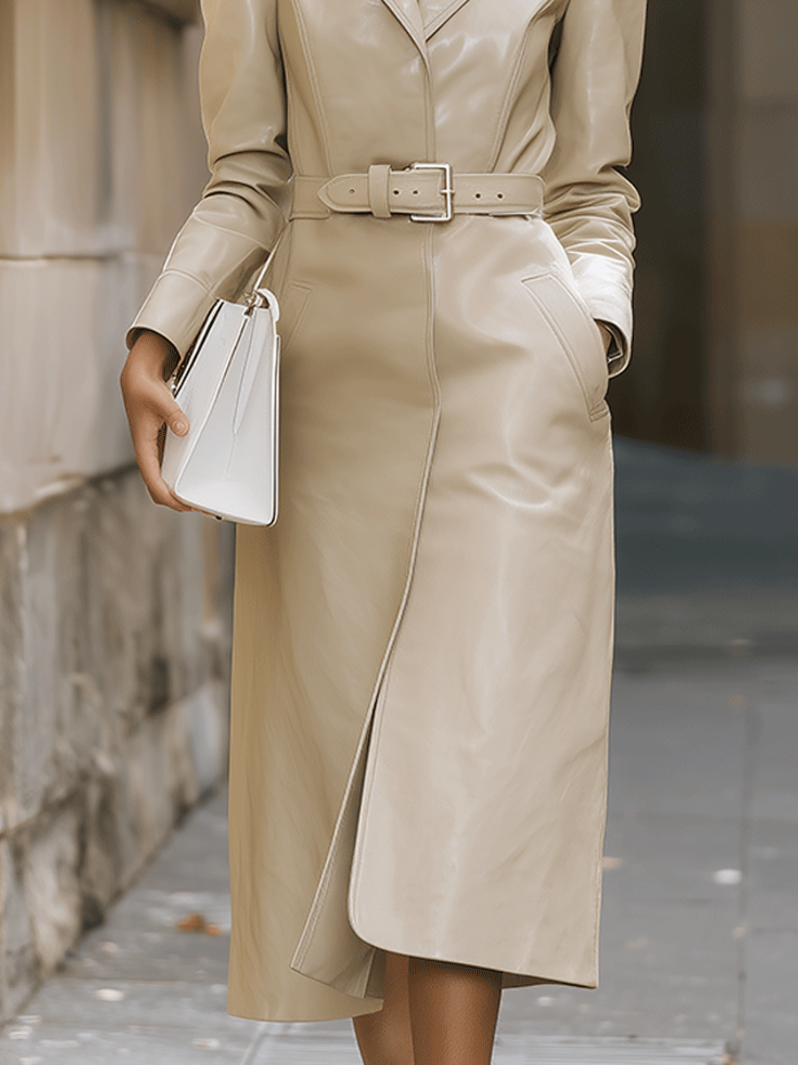 Beige Faux Leather Belted Trench Dress