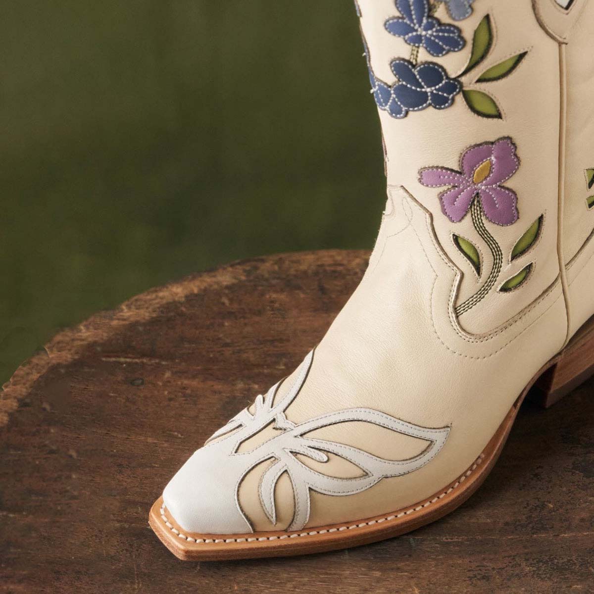 Beige Snip Toe Butterfly & Floral Inlay Mid Calf Cowgirl Boots