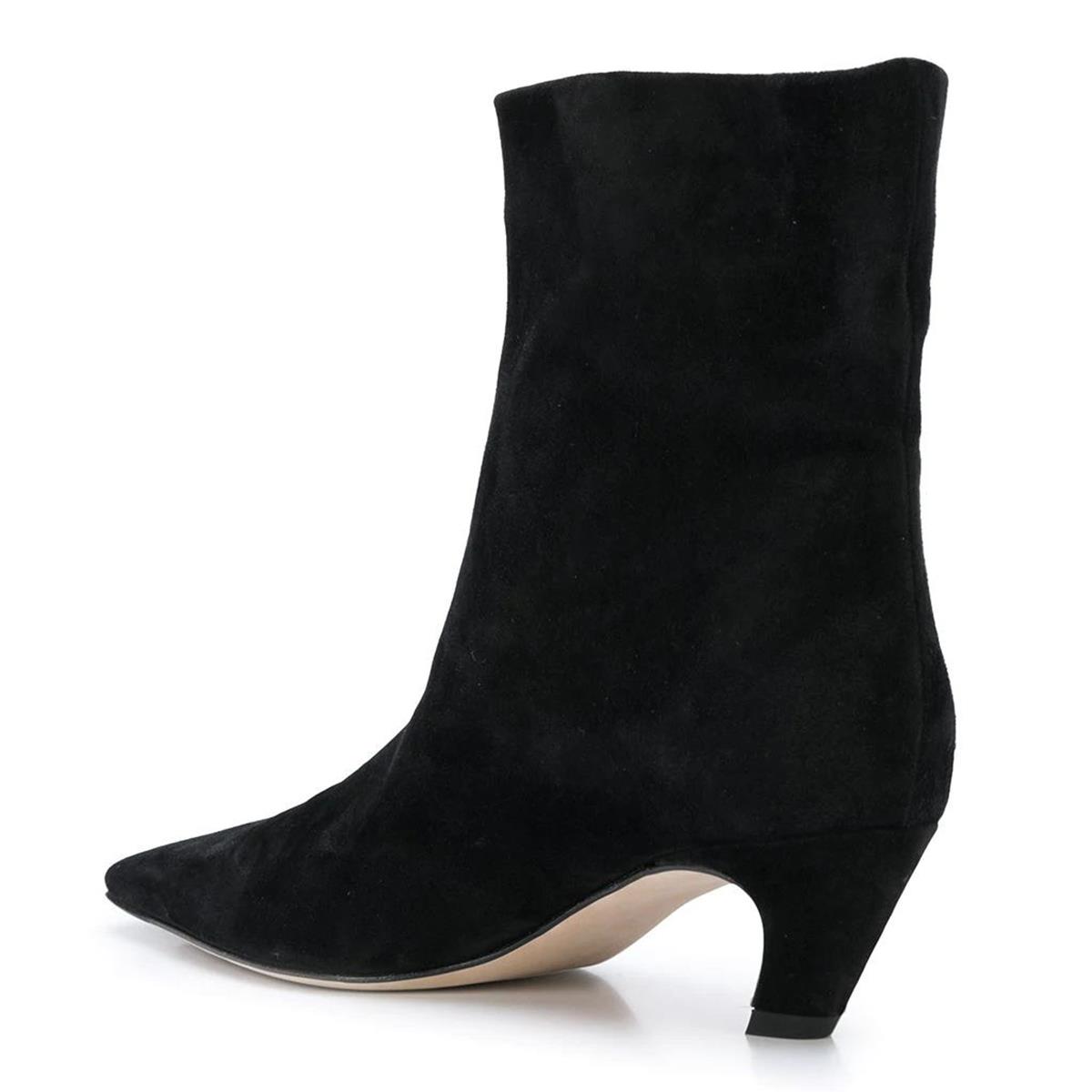 Full Black Faux Suede Pointed Toe Classic Comma Heel Ankle Boots