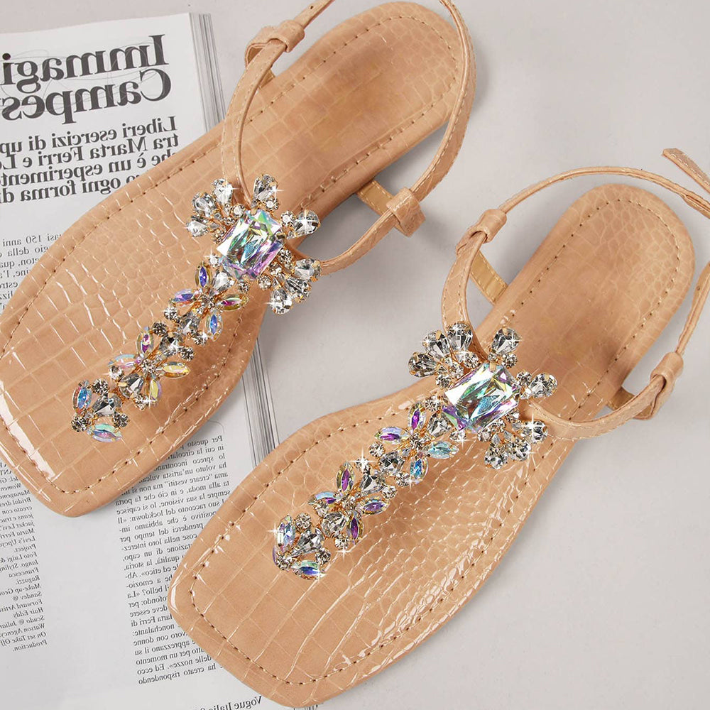 Beige Patent Leather Open Toe Flat T-Strap Sandals