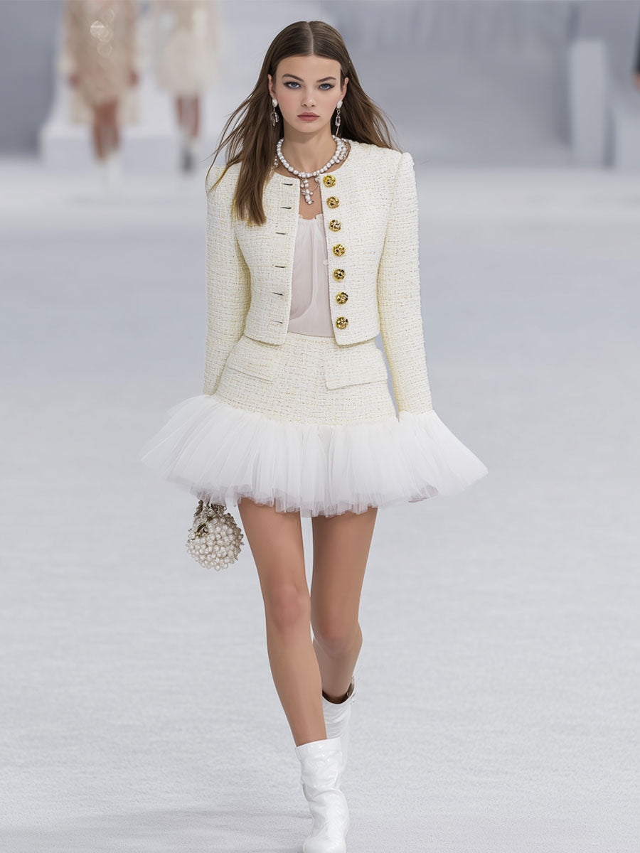Elegant Textured Fabric Patchwork Organza Jacket And Skirt Set