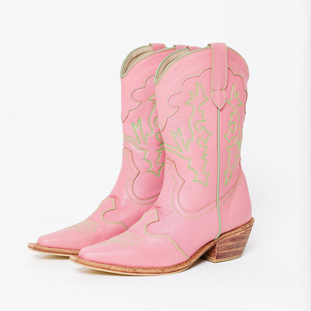 Embroidered Block Heel Snip Toe Pink Cowgirl Boots for Women
