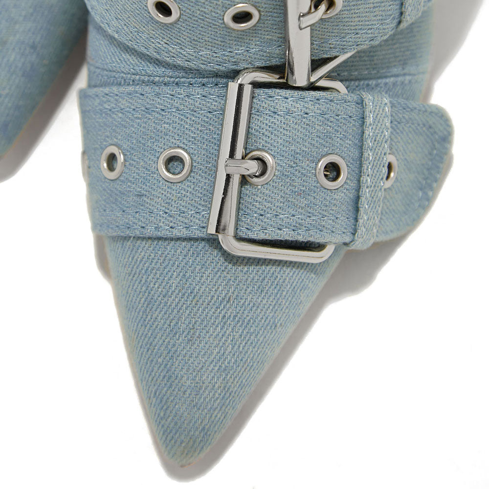Denim Blue Pointy Toe 4'' Metallic Heel Buckle Studded Strappy Pumps