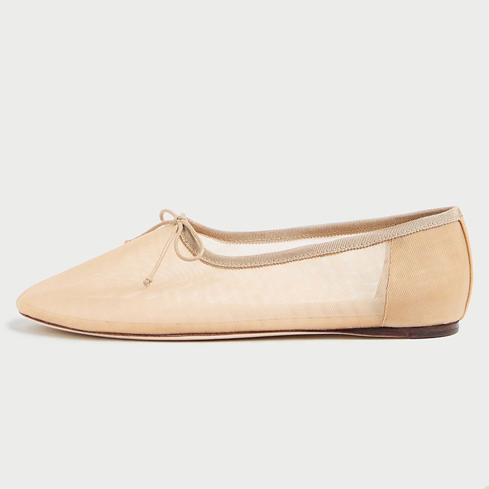 Beige Mesh Round Toe Flat Bow Inlay Sophisticated Ballet Shoes
