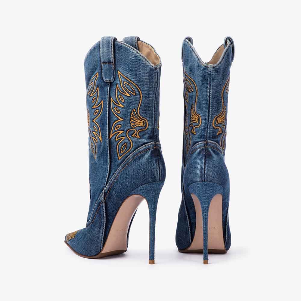 Denim Pointed Toe Stiletto Heel Embroidered Cowgirl Boots in Blue