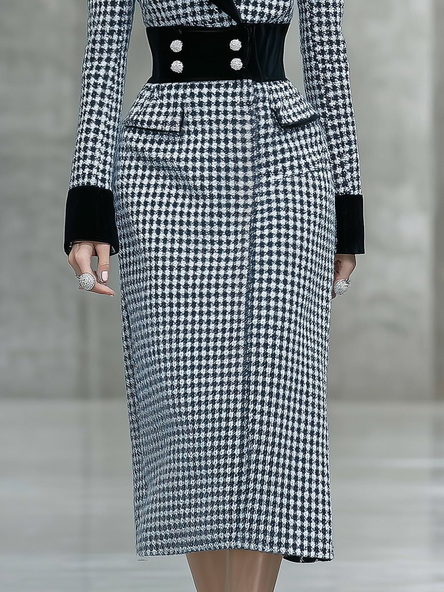 Fashionable And Elegant Black Velvet Collar Houndstooth Midi Dress