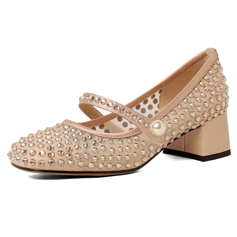 Beige Mesh Closed Toe Chunky Heel Rhinestone Pumps