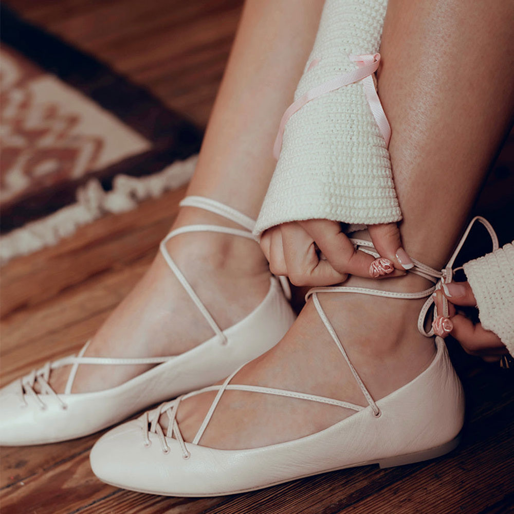 Beige Vegan Leather Round Toe Flat Lace-Up Comfy Ballet Shoes