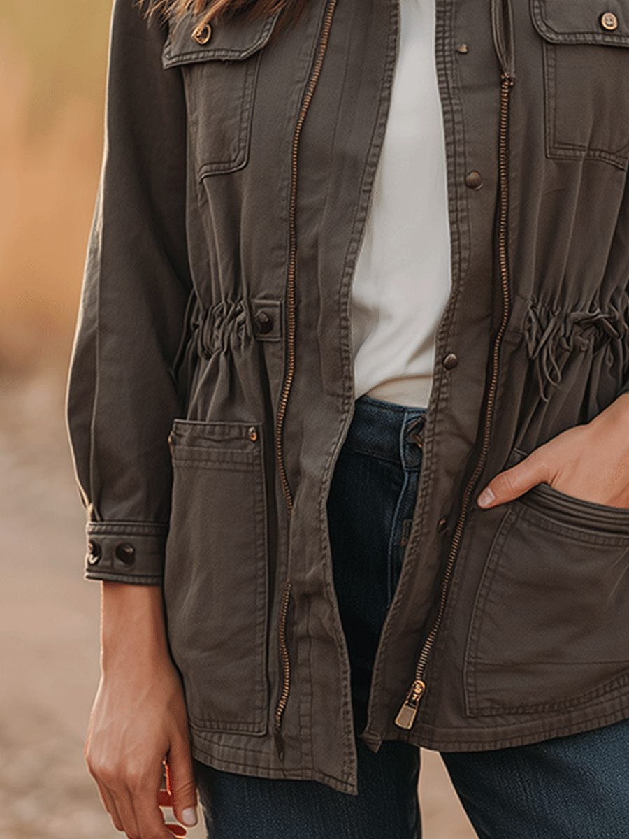 Daily Outdoor Military Gray Practical Drawstring Work Jacket