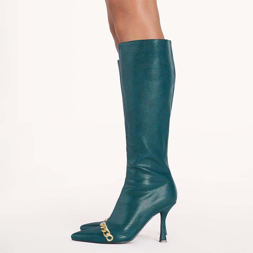 Dark Teal Lizard Embossed Pointed Toe Heeled Boots with Metal Chain