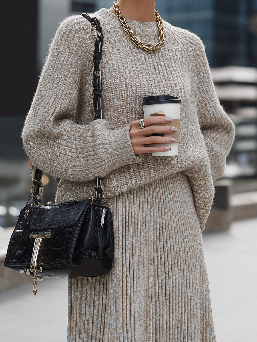 Beige Knit Sweater And Pleated Skirt Set