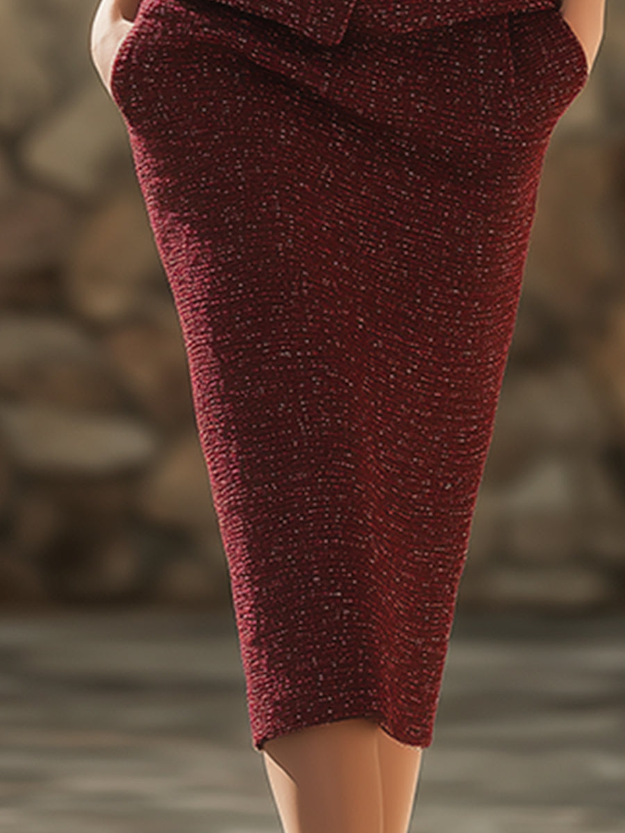 Elegant Retro Burgundy Tweed V-neck Jacket And Skirt Set