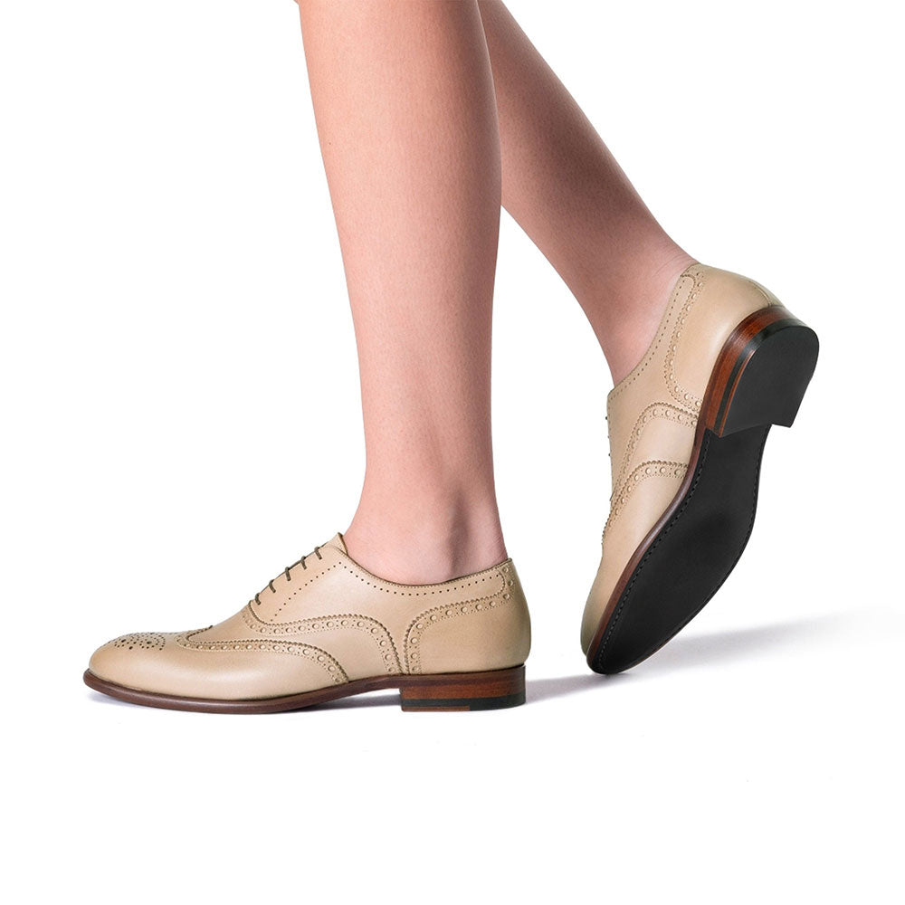 Beige Vegan Leather Round Toe Low Heel Lace-Up Oxford Shoes Women