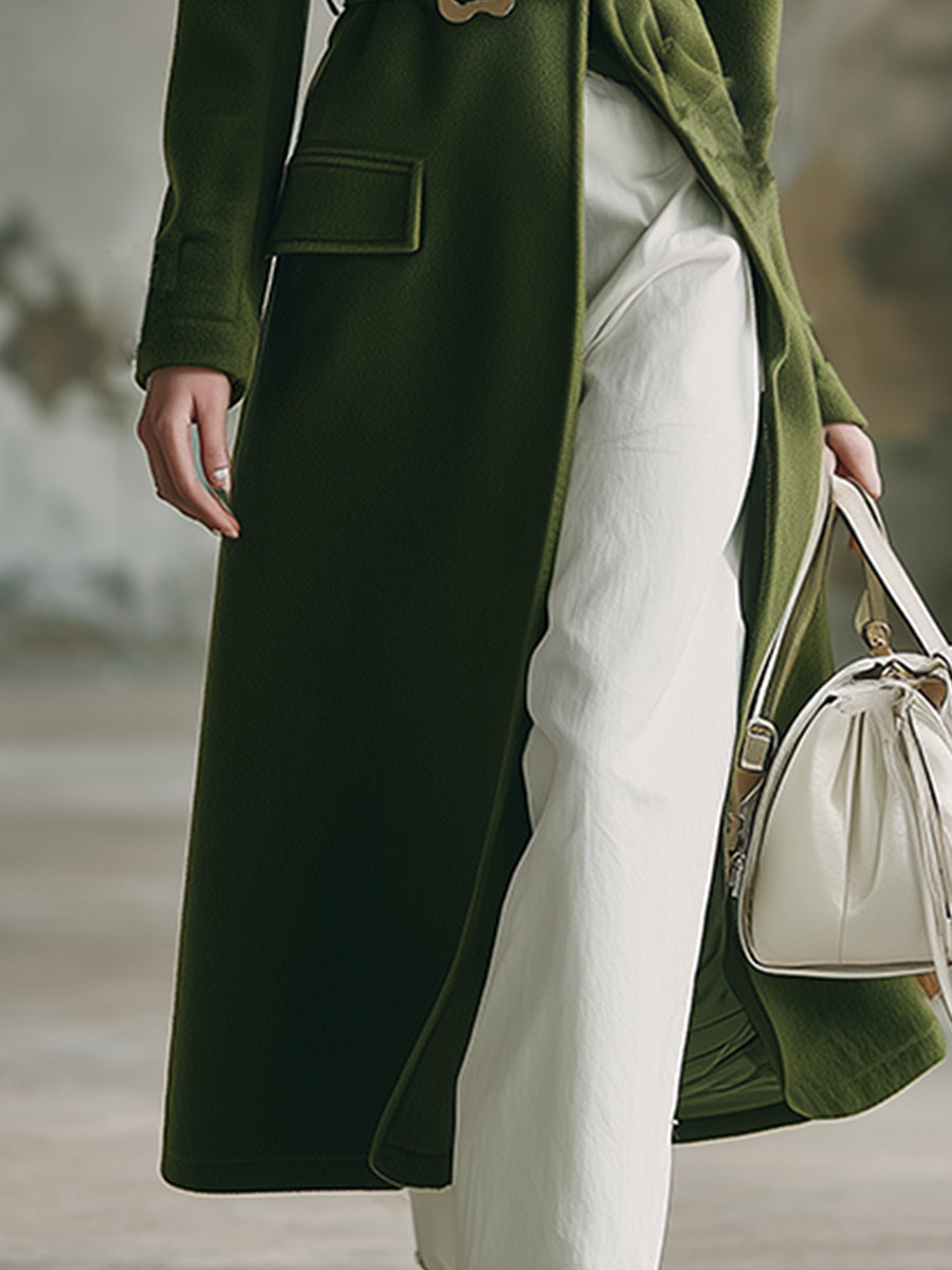 Elegant Retro Leopard Fur Collar Moss Green Wool Coat
