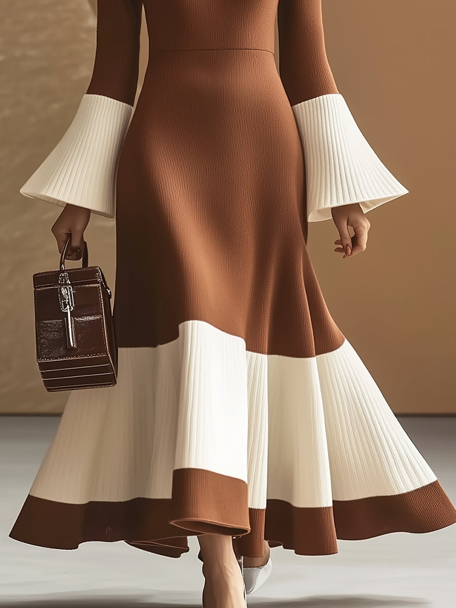 Elegant Turtleneck Contrast Color Knitted Dress With Flared Sleeves