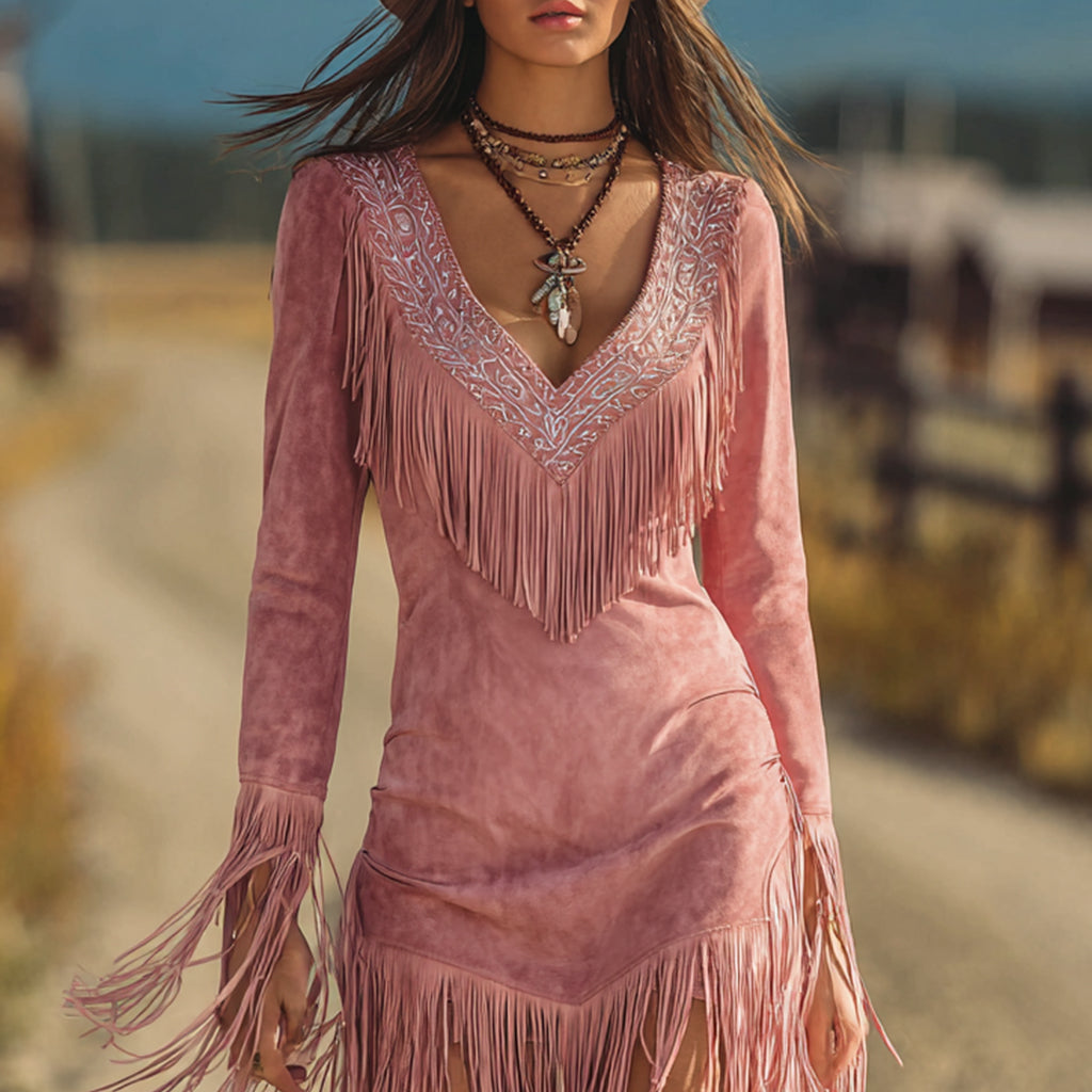 Ursime Western Floral Print Long Sleeve Fringe Suede Mini Dress