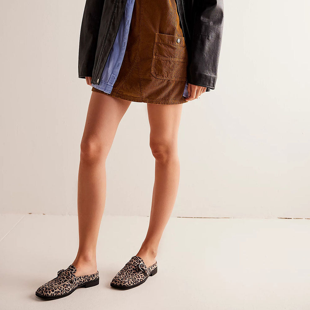 Beige Leopard Print Square Toe Flat Buckled Slip-On Mules