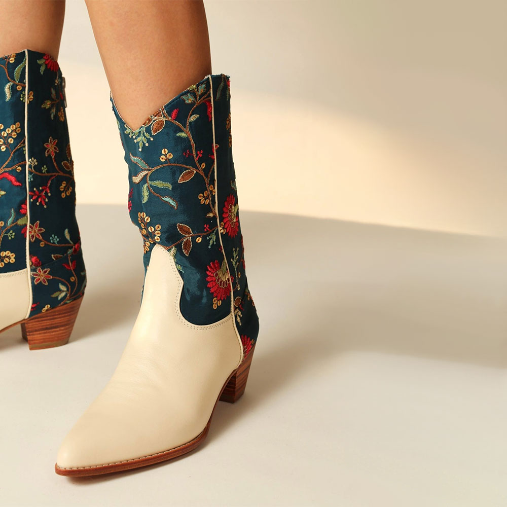 Beige and Teal Embroidered Pointed Toe Back Zipper Flower Cowboy Boots