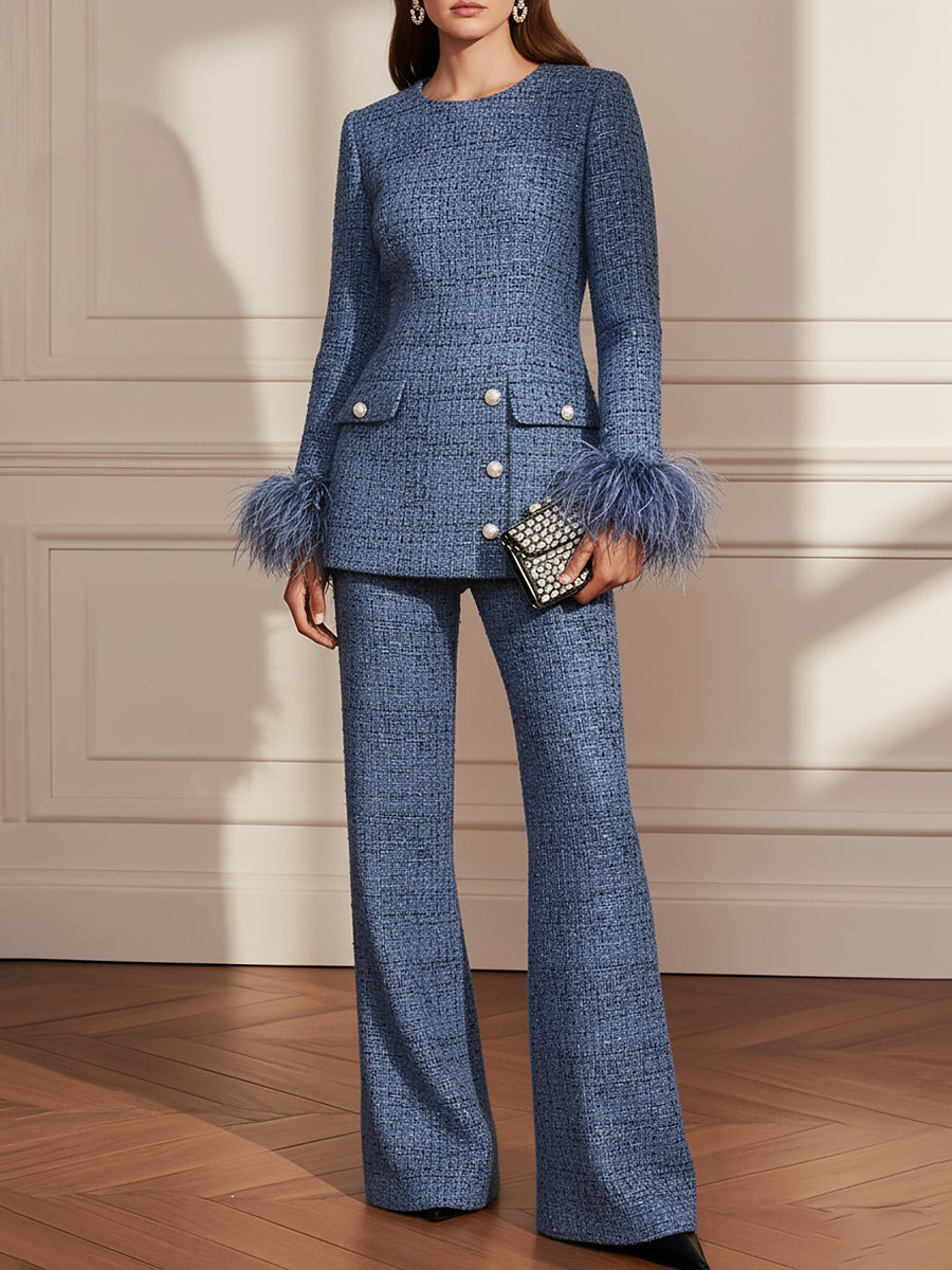 Elegant Retro Round Neck Long Sleeve Tweed Top + Pants Set