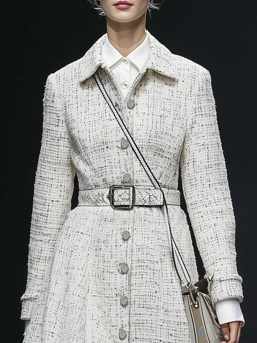 Elegant Vintage White Tweed Single-breasted Coat
