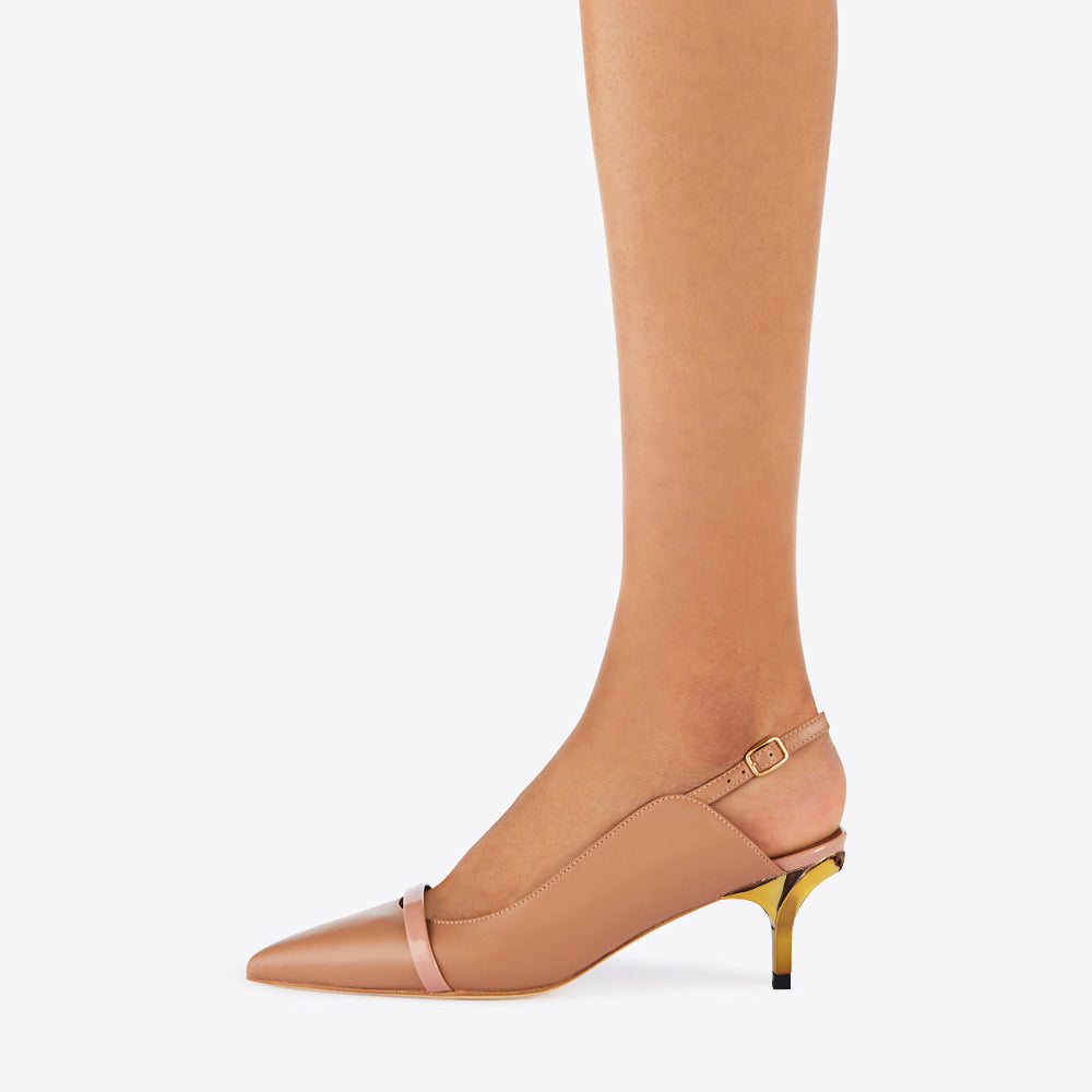 Beige Vegan Leather Closed Toe Kitten Heel Slingback Pumps