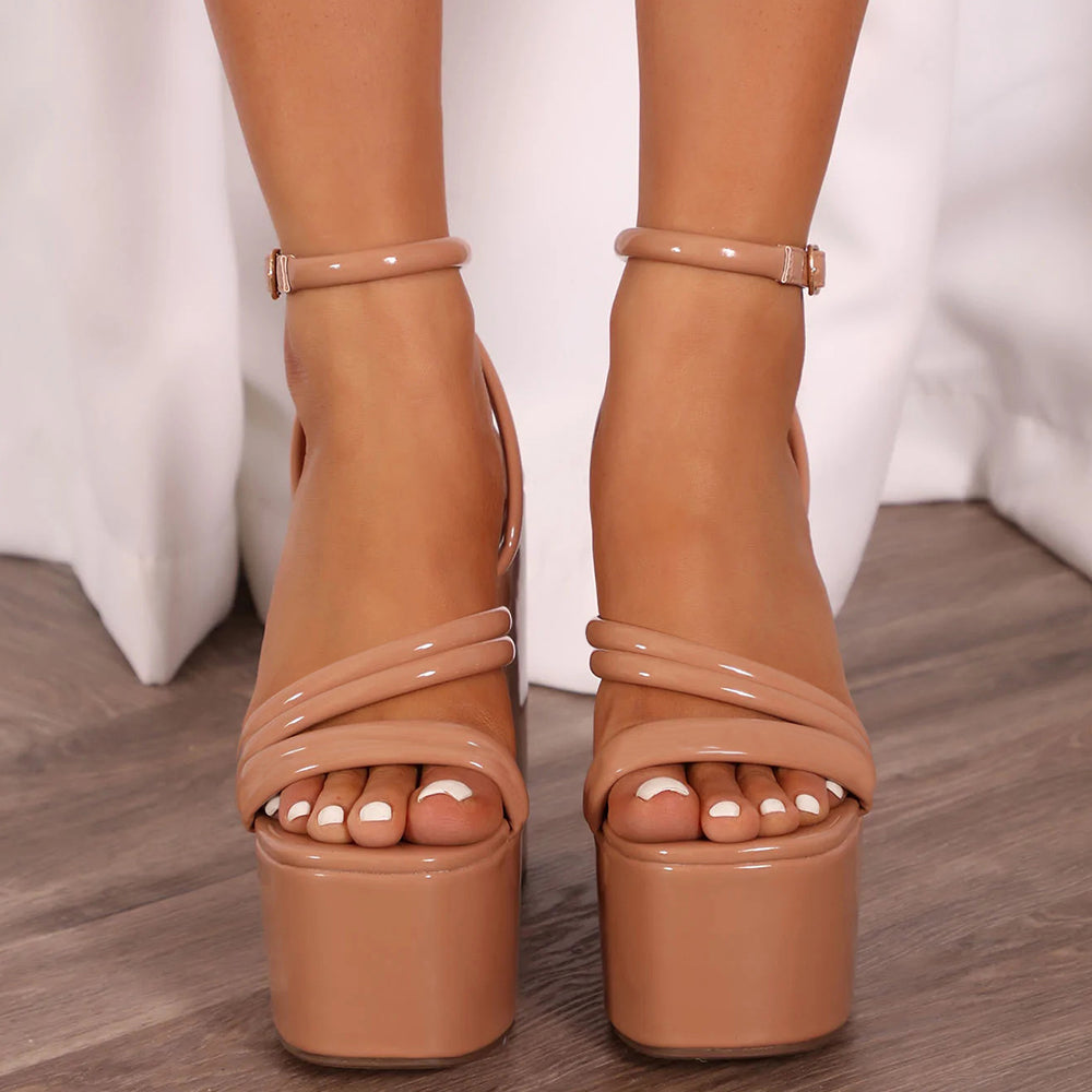 Beige Open Toe Chunky Heel Ankle Strap Sandals with Platform