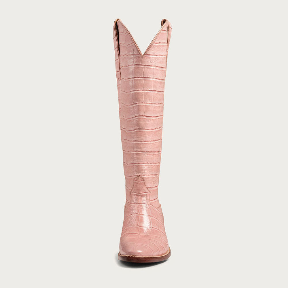 Embossed Low Block Heel Knee High Pink Cowboy Boots for Women
