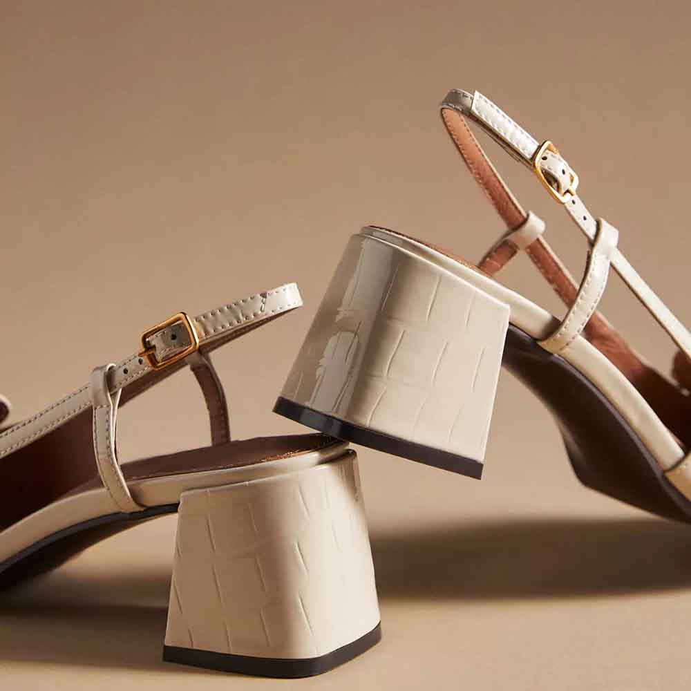 Beige Patent Leather Square Toe Chunky Heel Slingback Pumps