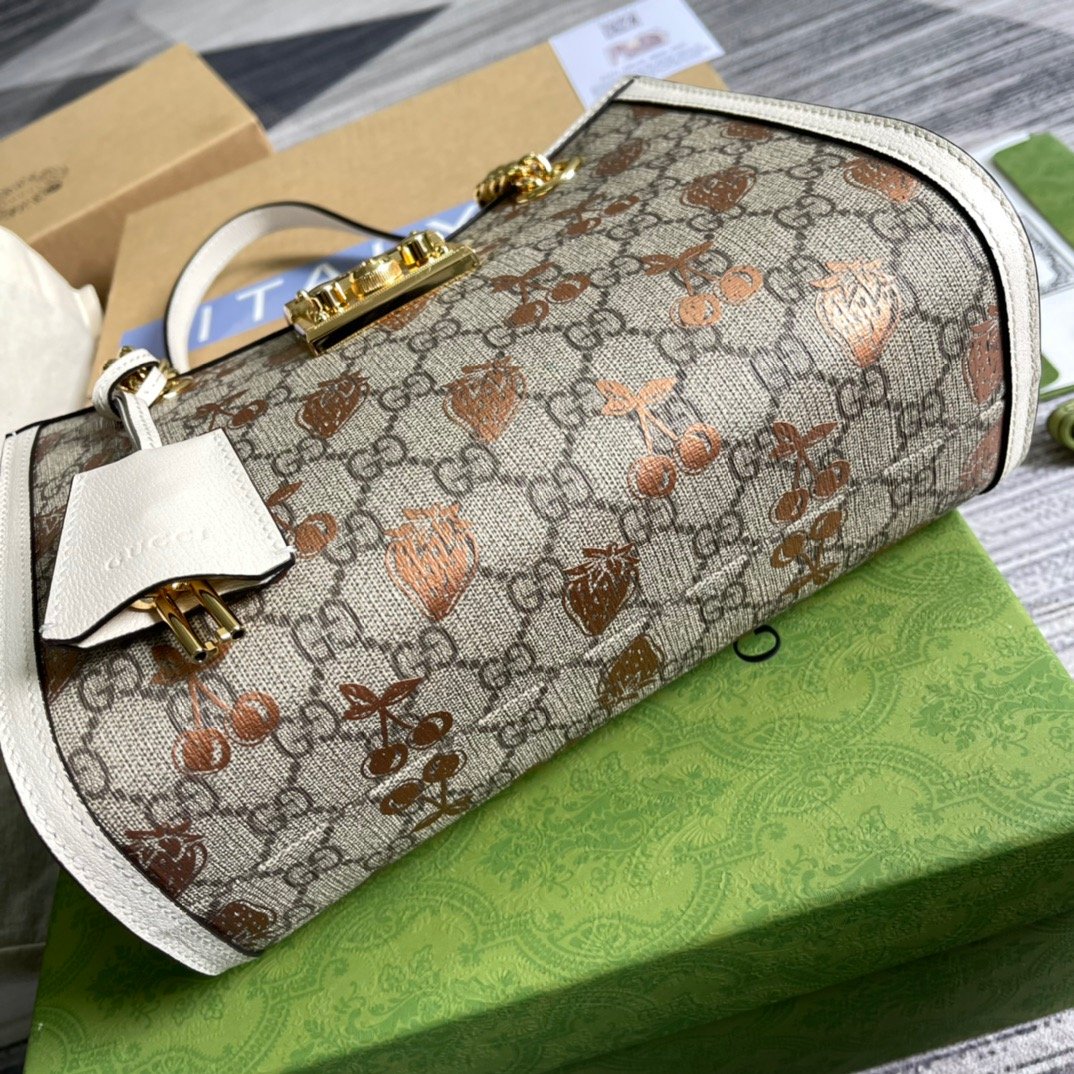 gg Padlock Small gg Strawberry Shoulder Bag Beige For Women, Women’s Bags 10in/26cm gg