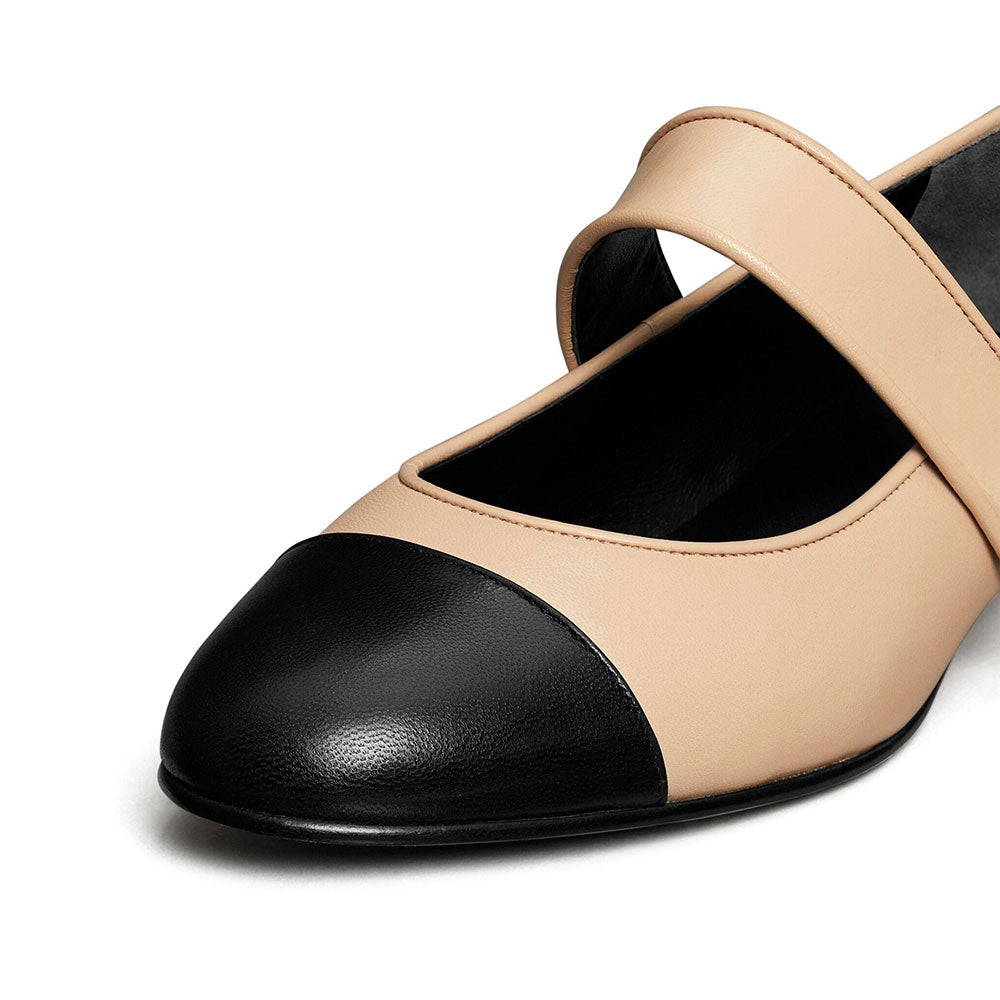 Beige Vegan Leather Black Round Toe Strap Mary Janes for Women