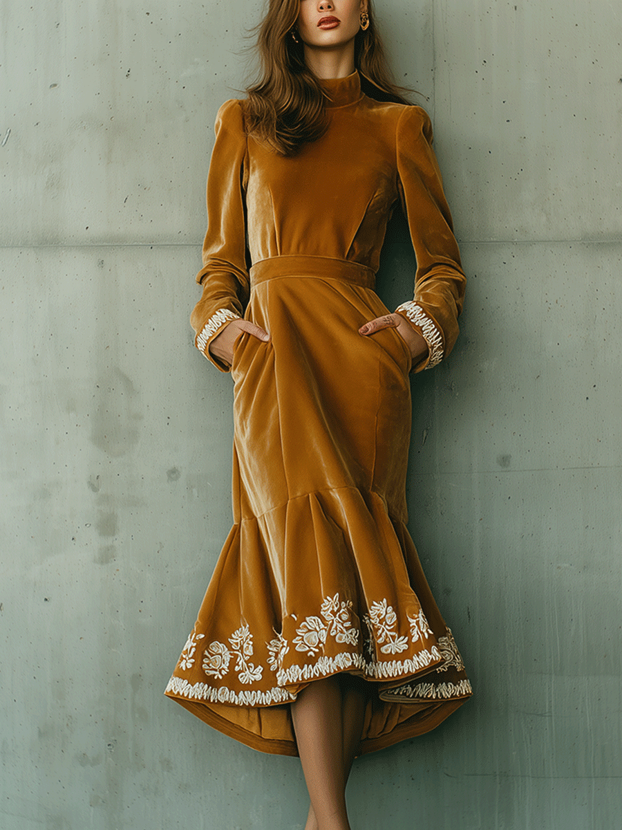 Elegant Vintage Gold Velvet Floral Embroidered Midi Dress