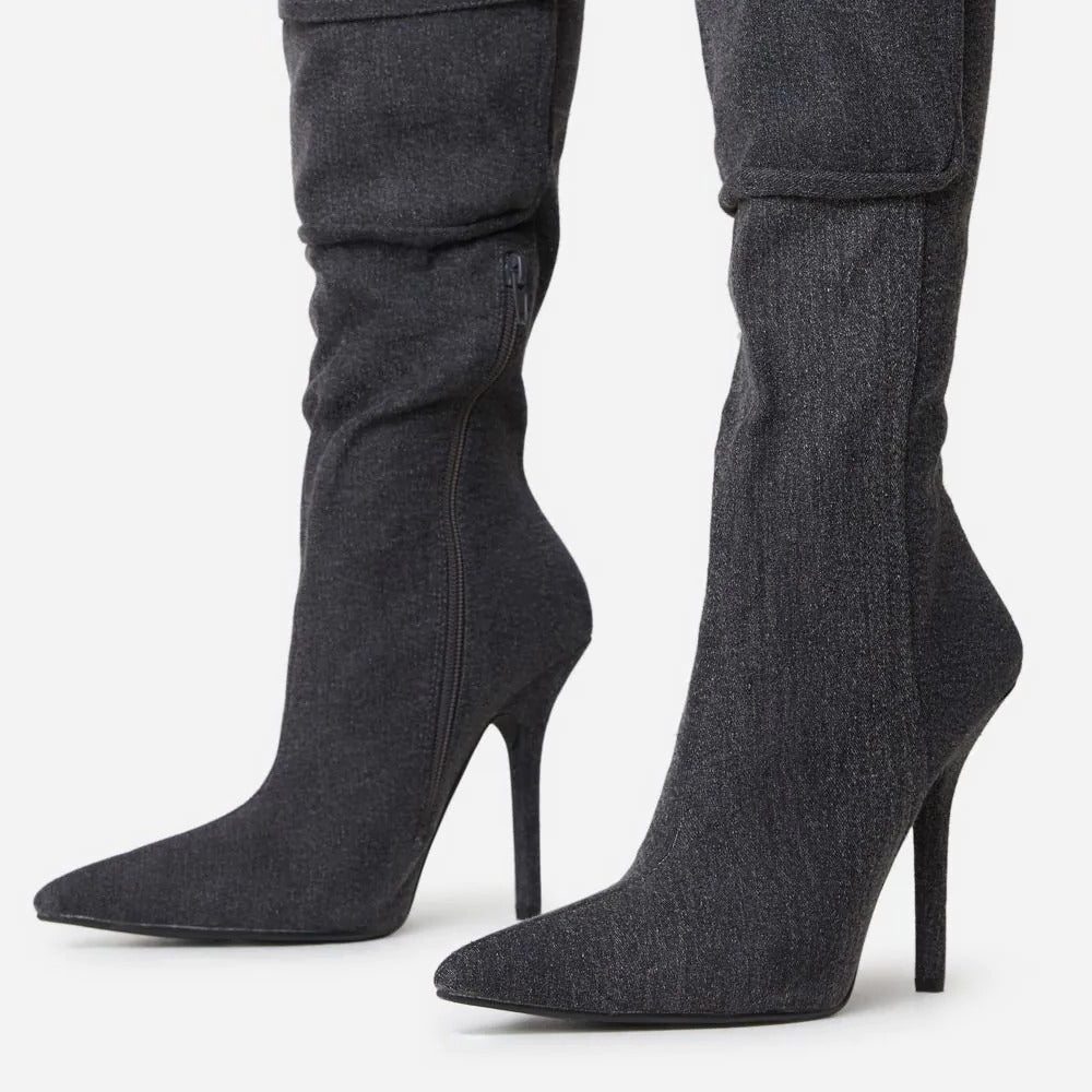 Dark Grey Denim Pocket Pointed Toe Stiletto Heel Zip Thigh Heel Boots