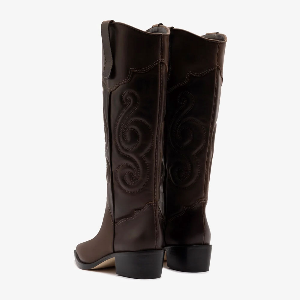 Dark Brown Chunky Heel Women's Western Boots with Embroidery
