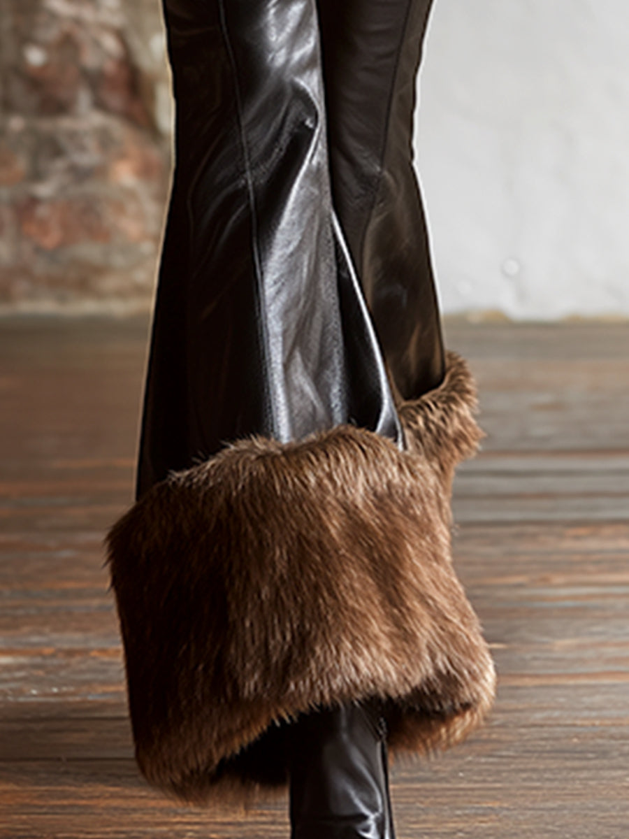 Fashionable And Personalized Black PU Fur Hem Flared Pants