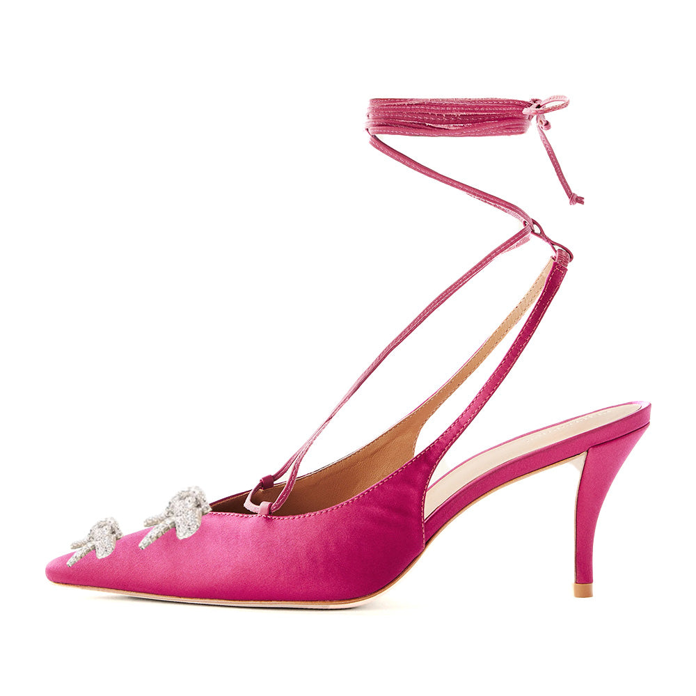 Fuchsia Satin Pointed Toe Lace Up Pumps Heels with Rhinestone Bow