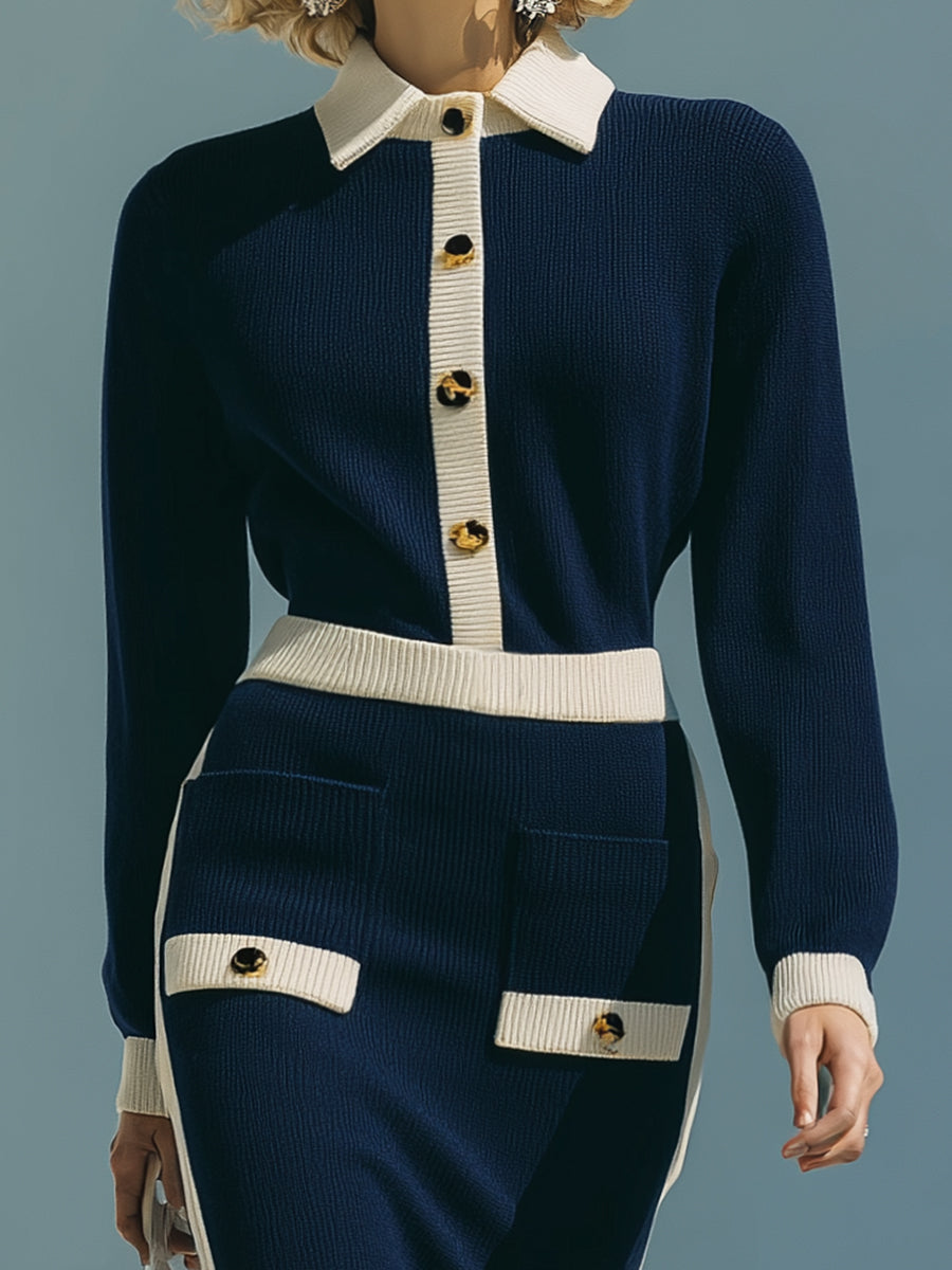 Fashionable And Classic White Contrasting Edge Navy Blue Knitted Midi Dress
