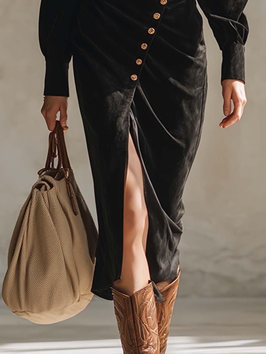 Elegant Vintage Black Slanted Button-down Faux Suede Midi Dress