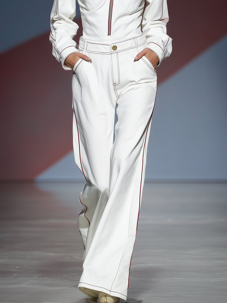 Fashionable Casual Red Trim Zipper Lapel White Trousers Set