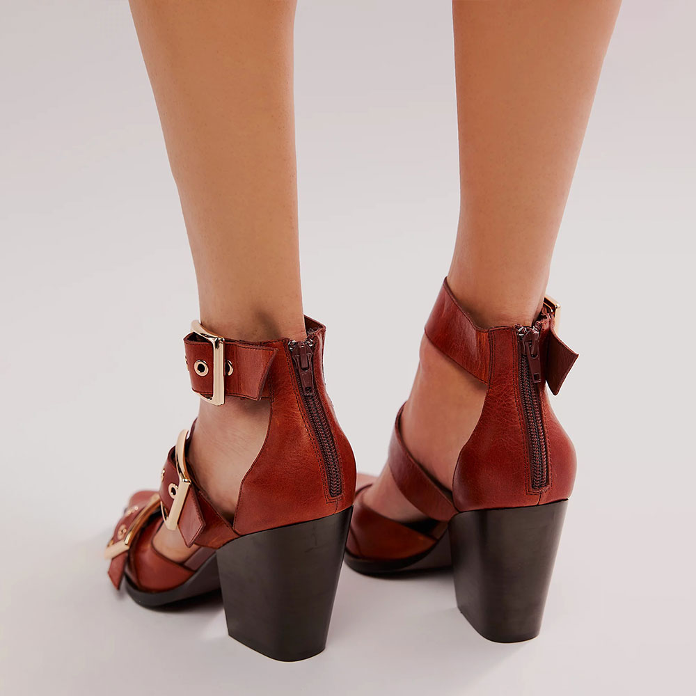 Distressed Tan Metallic Accent Pointed Toe Buckle Strap Chunky Heels