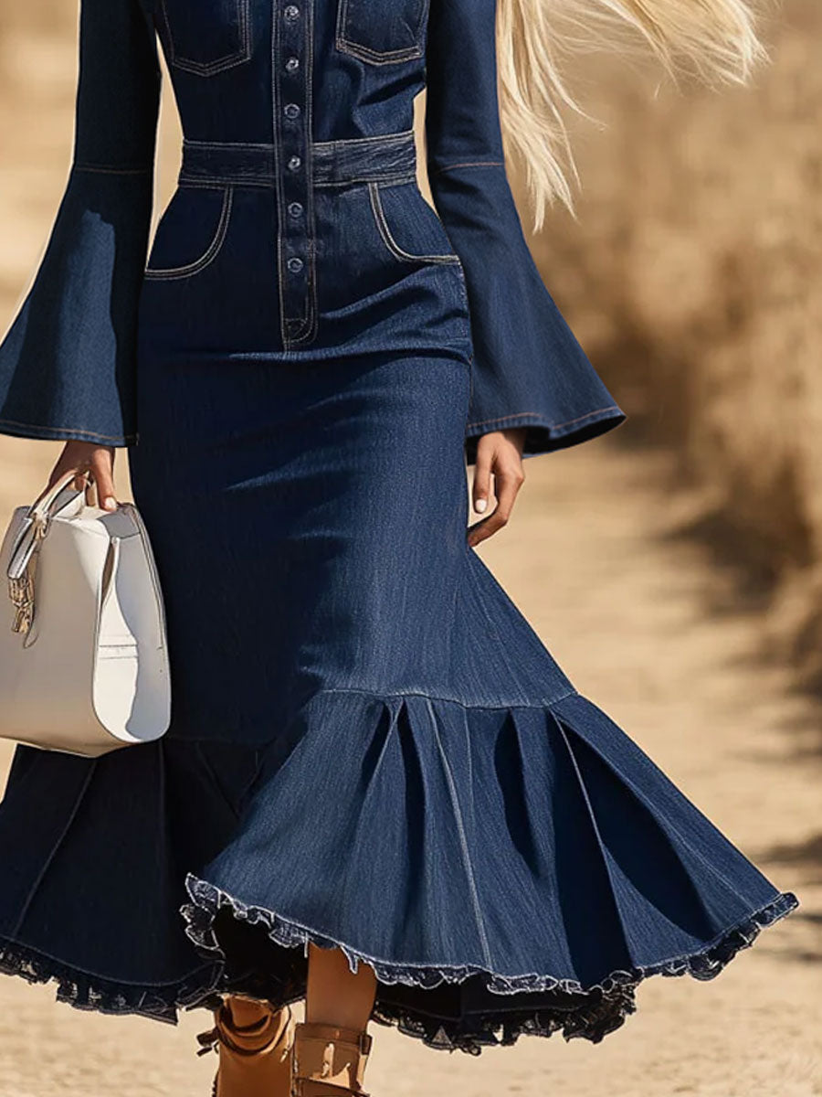Fashion Retro Dark Blue Denim Flared Long-Sleeved Fishtail Midi Dress