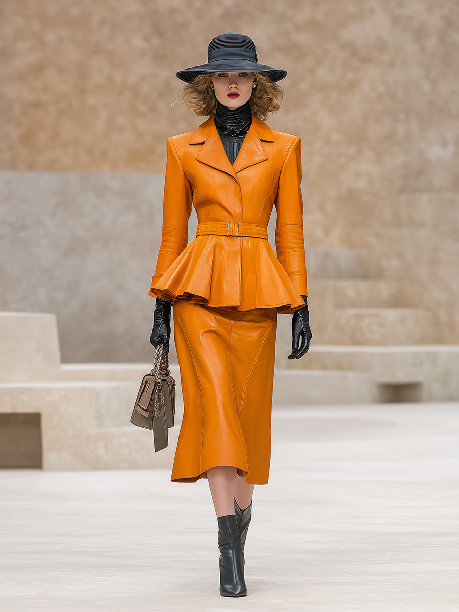 Fashionable And Exquisite Round Neck Ruffled Jacket And Skirt Orange Faux Leather Suit