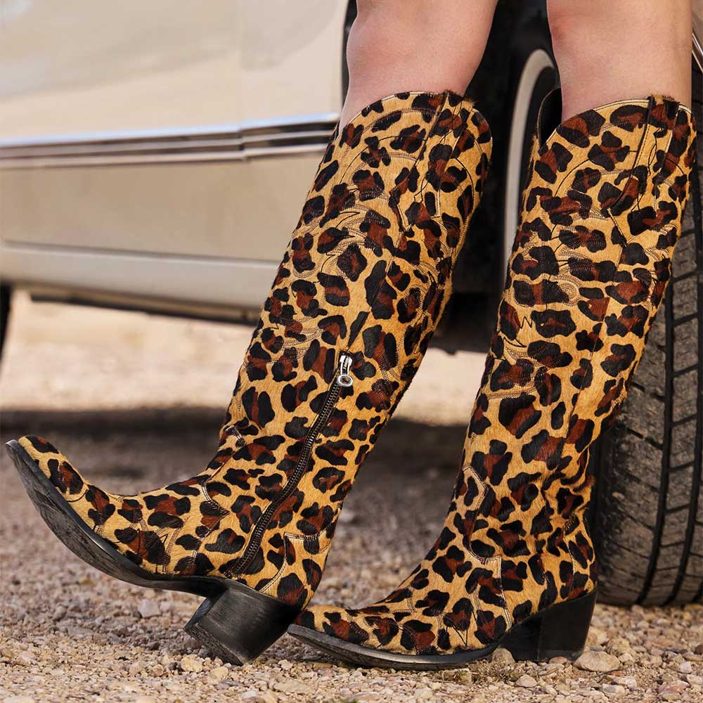 Embroidered Calf Hair Cheetah Pattern Brown Western Boots for Women