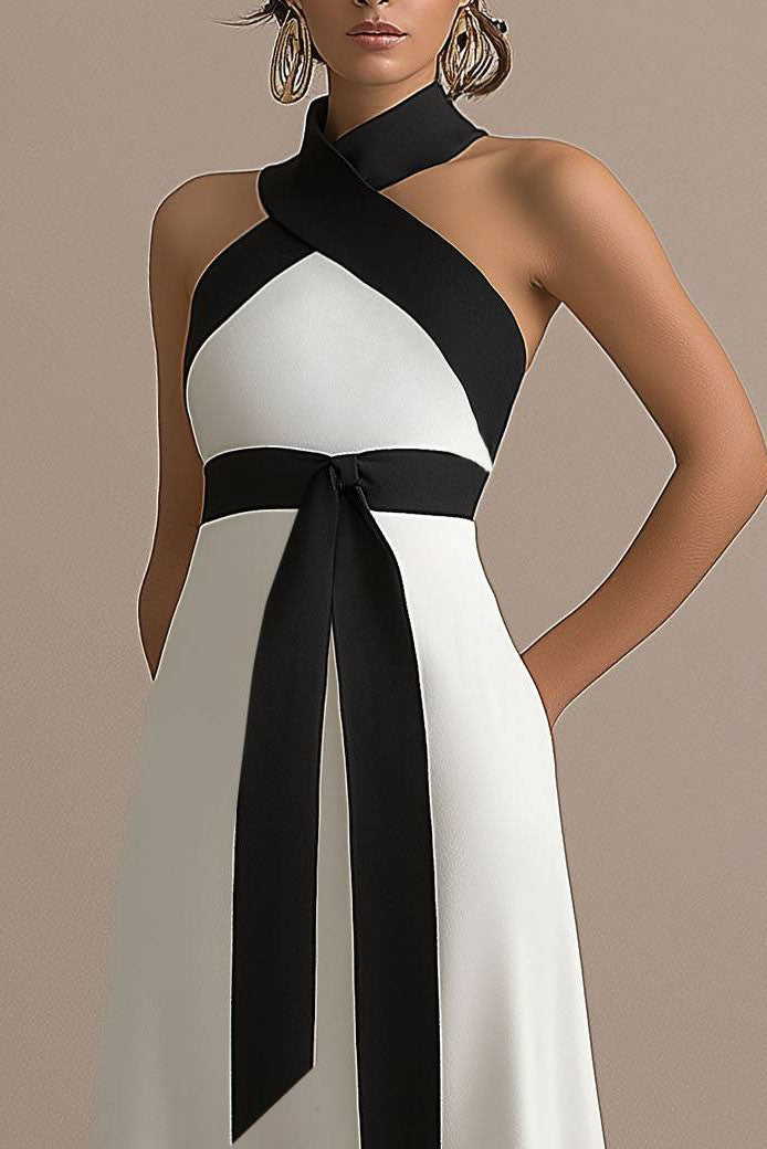 Formal Black and White Halter Cross-Neck Maxi Dress